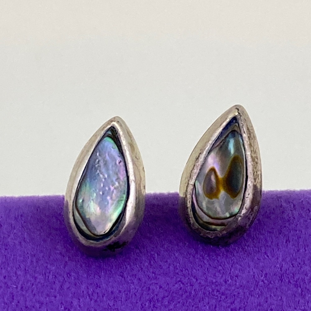 💛Sterling Silver Mexico Teardrop Abalone Stud Earrings | Iridescent Green-Purple